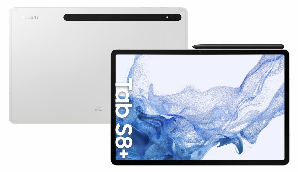 Biały tablet Samsung z czarnym aparatem i piórem. Tekst na ekranie.