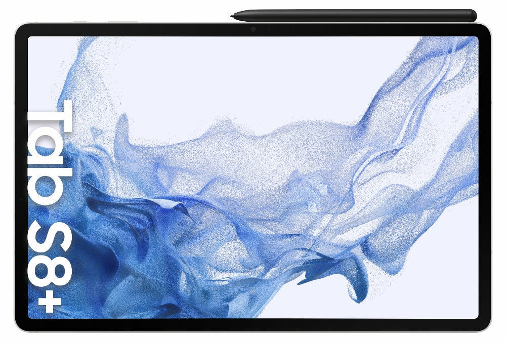Tablet z rysikiem na górze. Ekran wyświetla niebieski, abstrakcyjny wzór na białym tle.