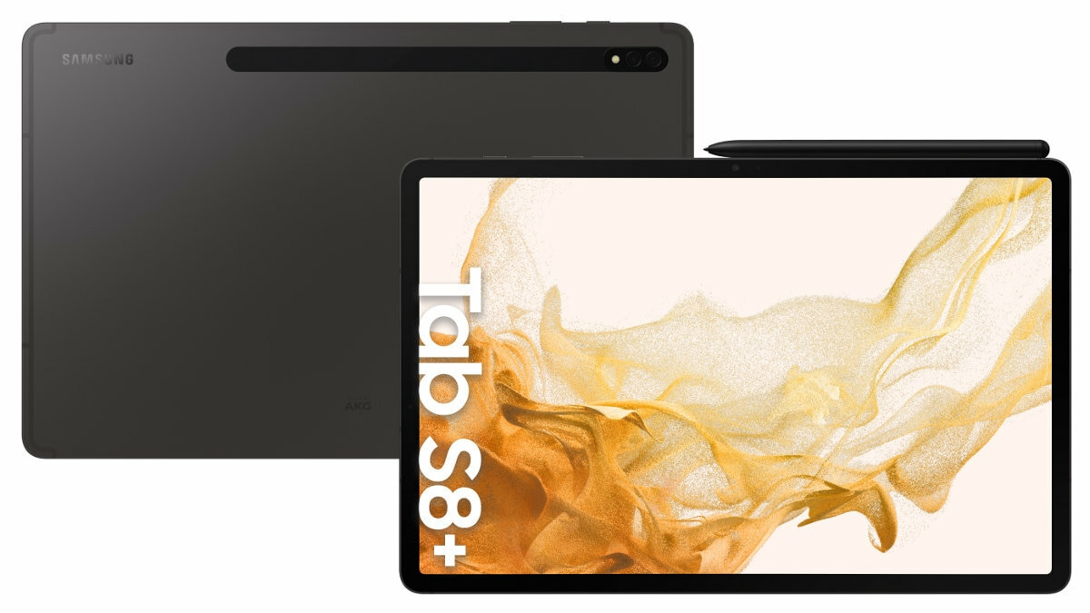 Czarny tablet z napisem "Tab S8+" i piórem.