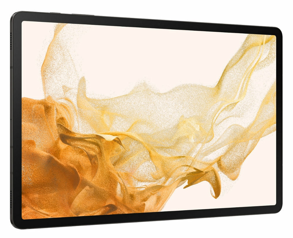 Tablet z czarną ramką. Wyświetlacz pokazuje abstrakcyjny wzór w kolorach złotym i białym.