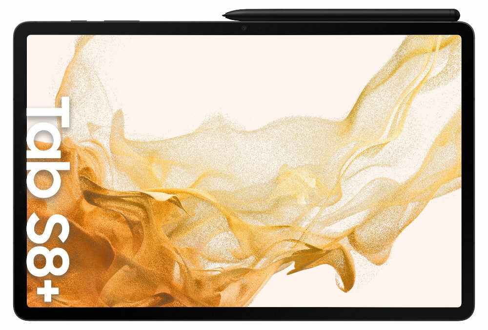 Czarny tablet z piórem. Ekran pokazuje abstrakcyjny, złoty wzór. Tekst mówi Tab S8+.