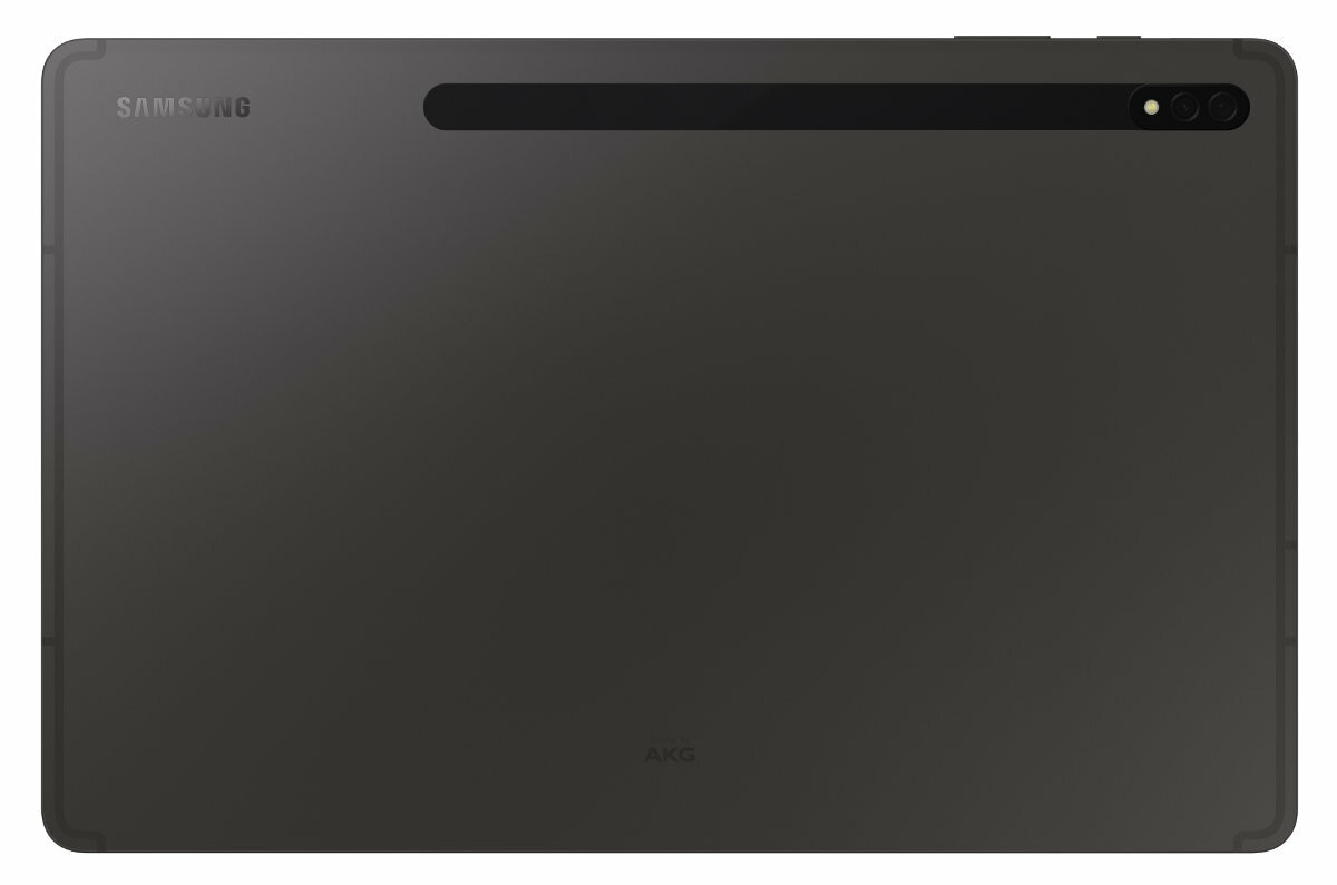 Ciemnoszary tablet Samsung z aparatem i logo AKG z tyłu, na białym tle.