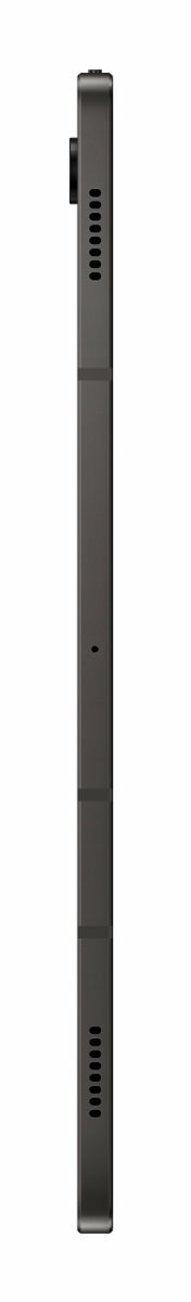 Czarny tablet, widok z boku, szczegóły aparatu i głośnika, białe tło.