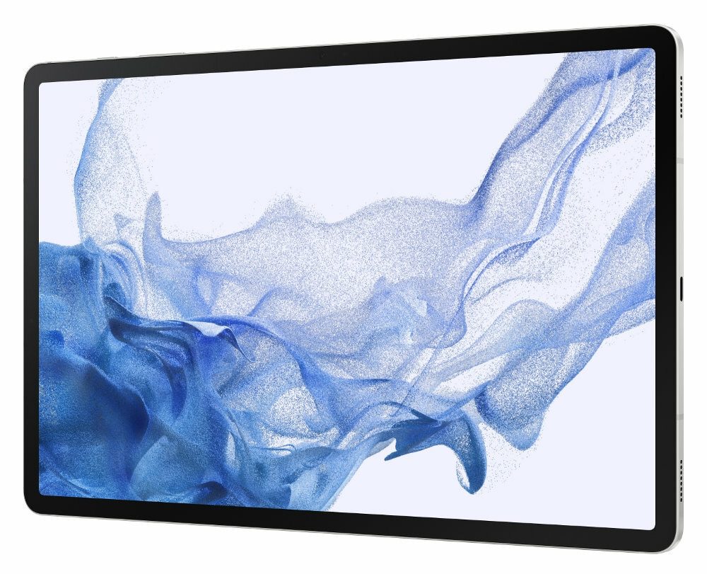 Tablet w białej ramce, z niebieskim wirującym wzorem na ekranie.