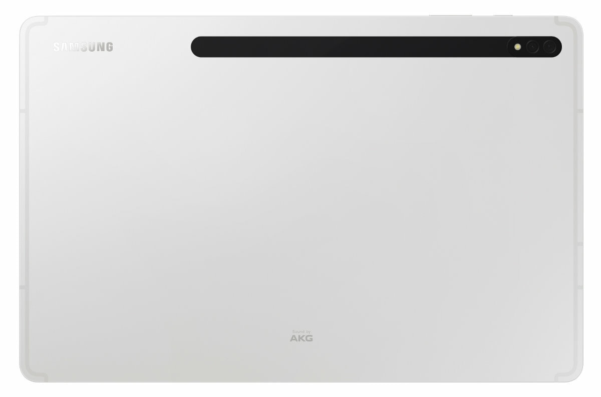 Biały tablet z logo Samsung i tylnym aparatem, na białym tle.