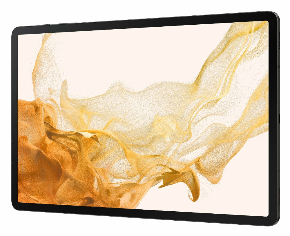 Czarny tablet z dużym ekranem. Ekran wyświetla złoto-beżowy abstrakcyjny wzór.