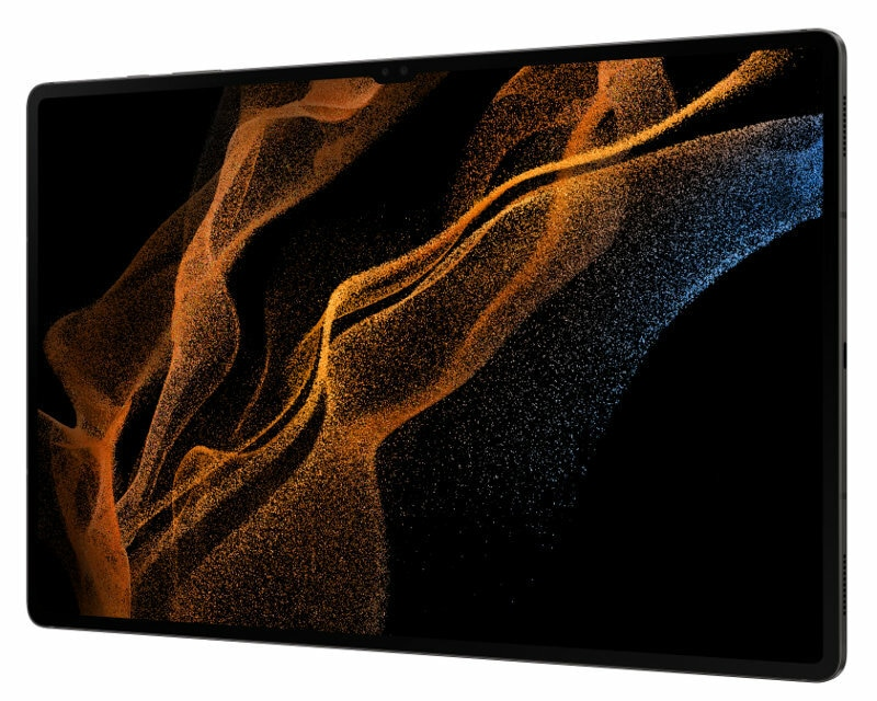 Tablet z pomarańczowo-niebieskim abstrakcyjnym wzorem na czarnym tle, widok z boku.