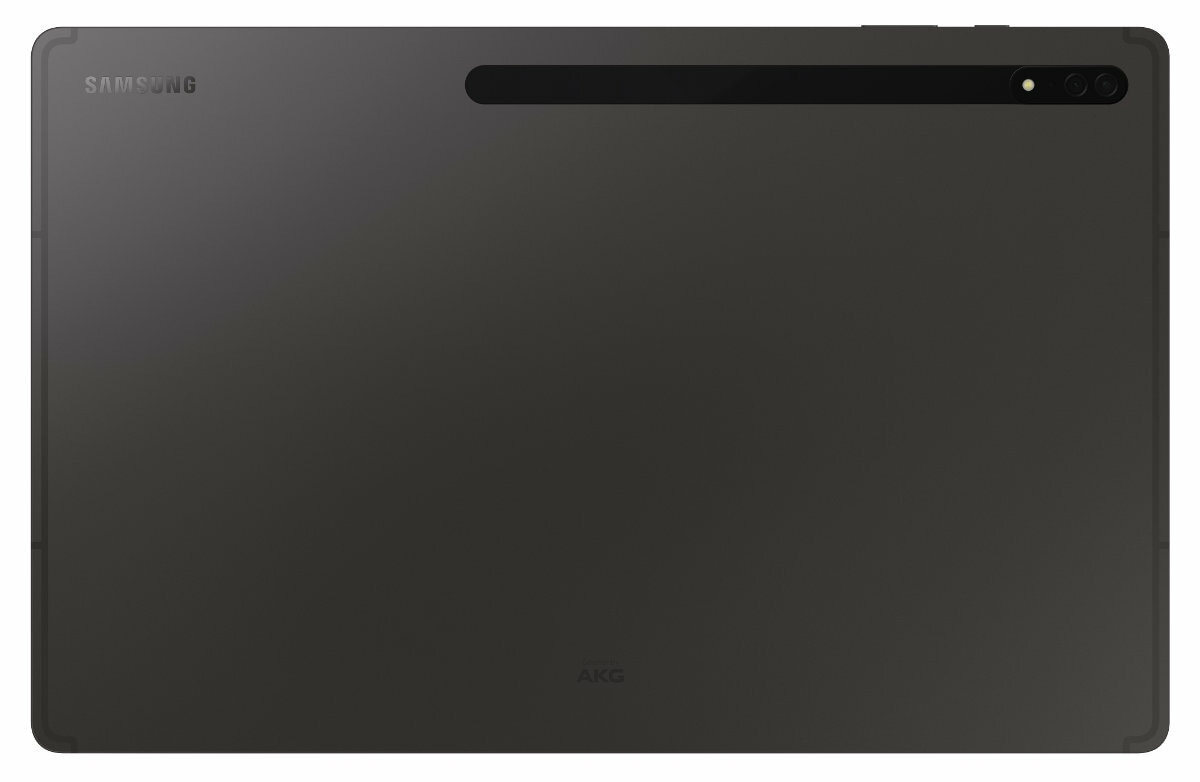 Tył ciemnoszarego tabletu z logo Samsung i AKG oraz aparatem.