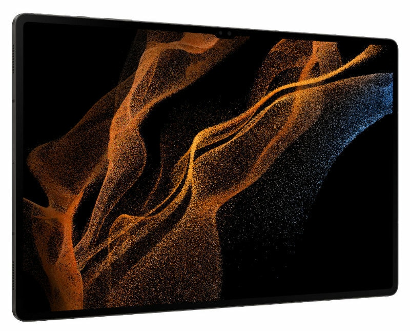 Tablet z czarnym ekranem pokazujący pomarańczowe i niebieskie abstrakcyjne kształty na czarnym tle.