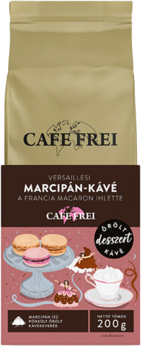 Kávé zacskó macaronokkal és kávé illusztrációval, Cafe Frei márka.