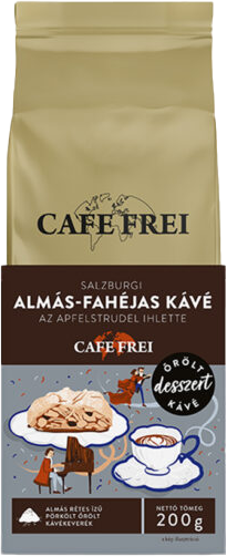 Kávézacskó. A szöveg 'CAFE FREI' és 'ALMÁS-FAHÉJAS KÁVÉ'. Egy sütemény és egy kávéscsésze rajza.