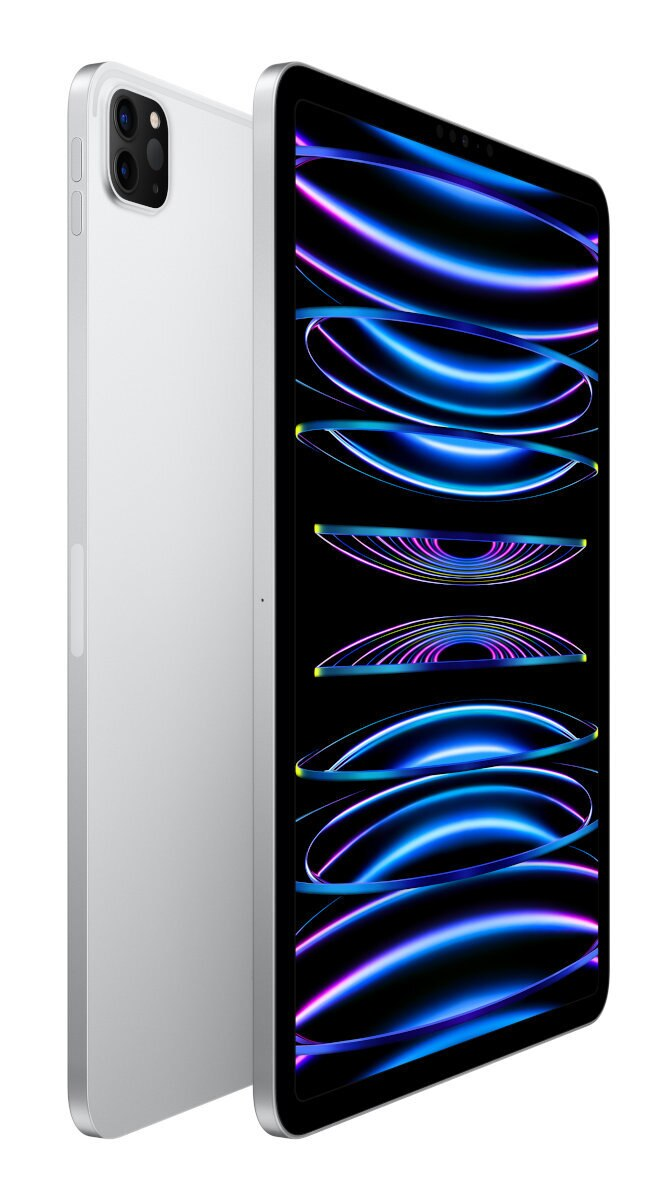 Biały tablet z czarnym ekranem, który pokazuje niebieskie linie. Z tyłu ma kamery. Jest pod kątem.