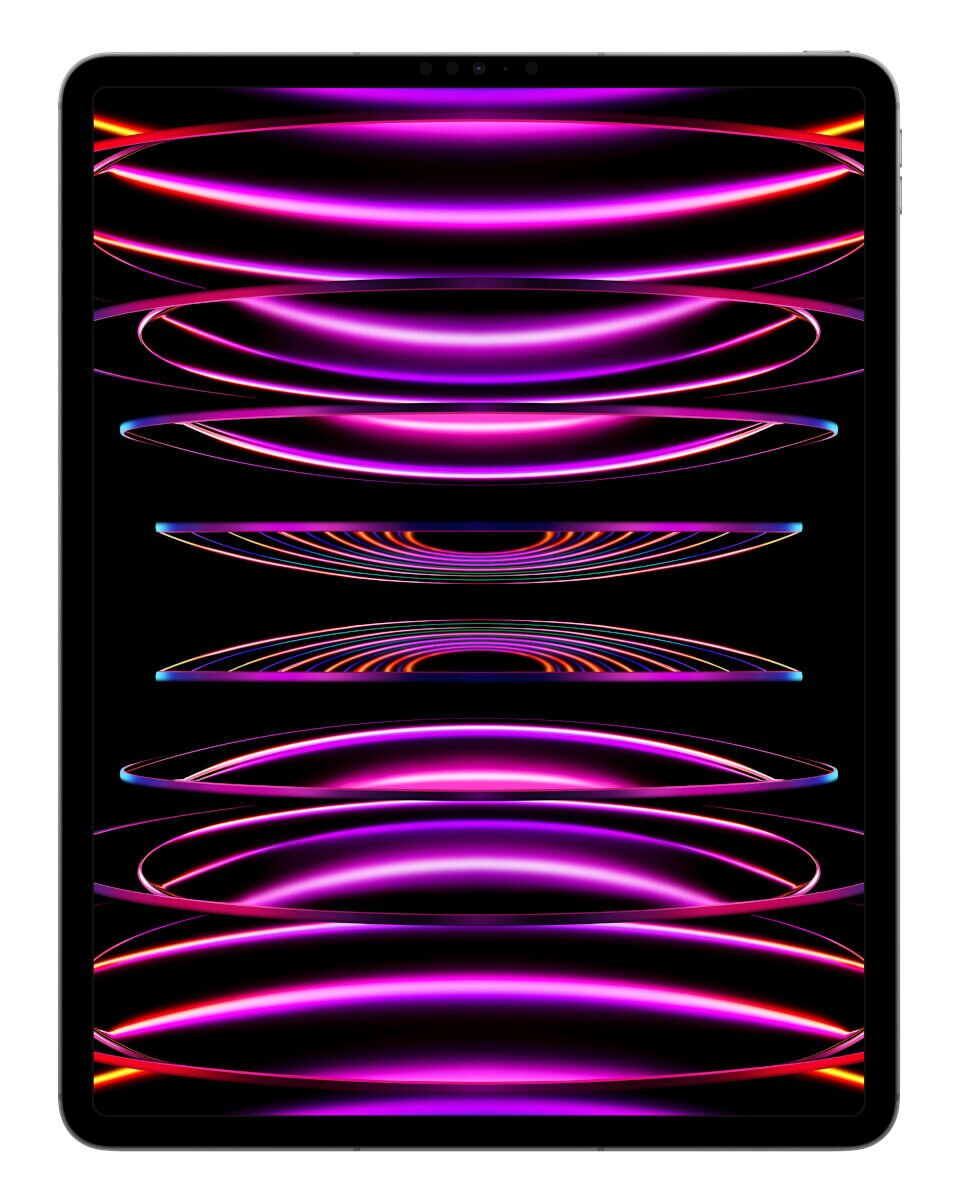 Ekran tabletu wyświetla abstrakcyjny wzór z różowymi i fioletowymi poziomymi liniami.