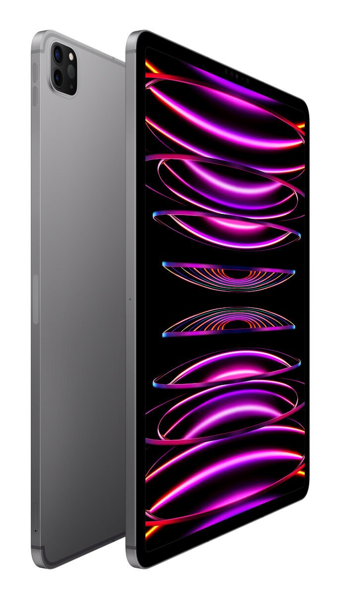 Srebrny tablet z czarnym ekranem z neonowymi liniami, szary tył.