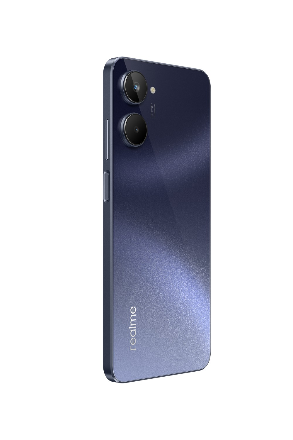 Un teléfono Realme azul oscuro, mostrando su parte trasera con cámaras duales y el logo de Realme.