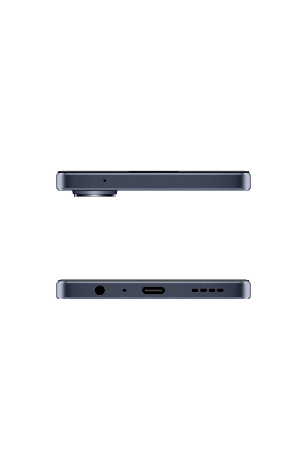 Un smartphone negro con cámara y puertos, visto desde su lado e inferior.