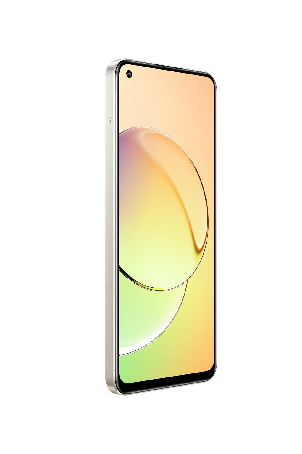 Un smartphone sobre un fondo blanco, con una pantalla curva y un marco dorado.