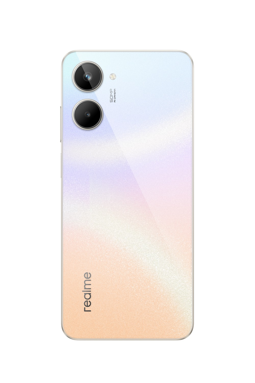 Parte trasera de un smartphone Realme con diseño degradado de dos tonos y sistema de cámara dual.