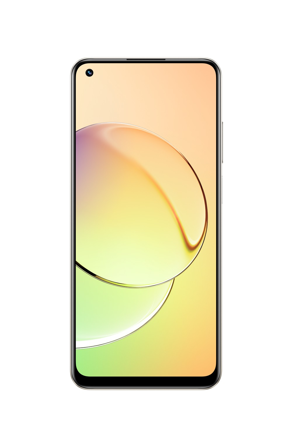 Un teléfono inteligente con una pantalla grande y curva que muestra un patrón abstracto y colorido.