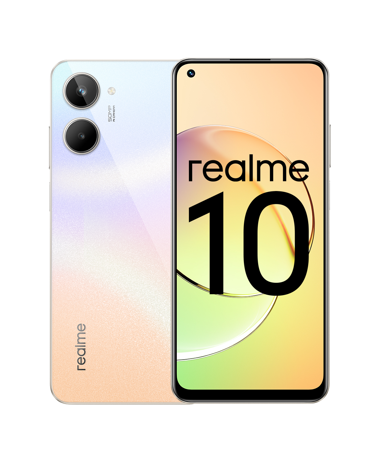 Teléfono Realme 10 con cámaras traseras duales. La parte delantera muestra el nombre del teléfono.