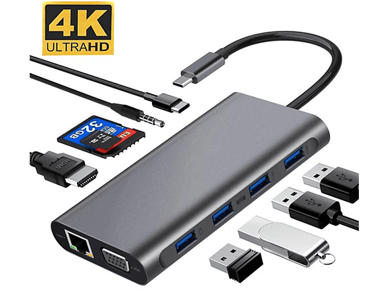 DAYTONA FC31 Type-C Usb-C To 4 Usb 3.0 HDMI VGA RJ45 Pd Aux Sd 11 in 1 Çevirici Gri_5