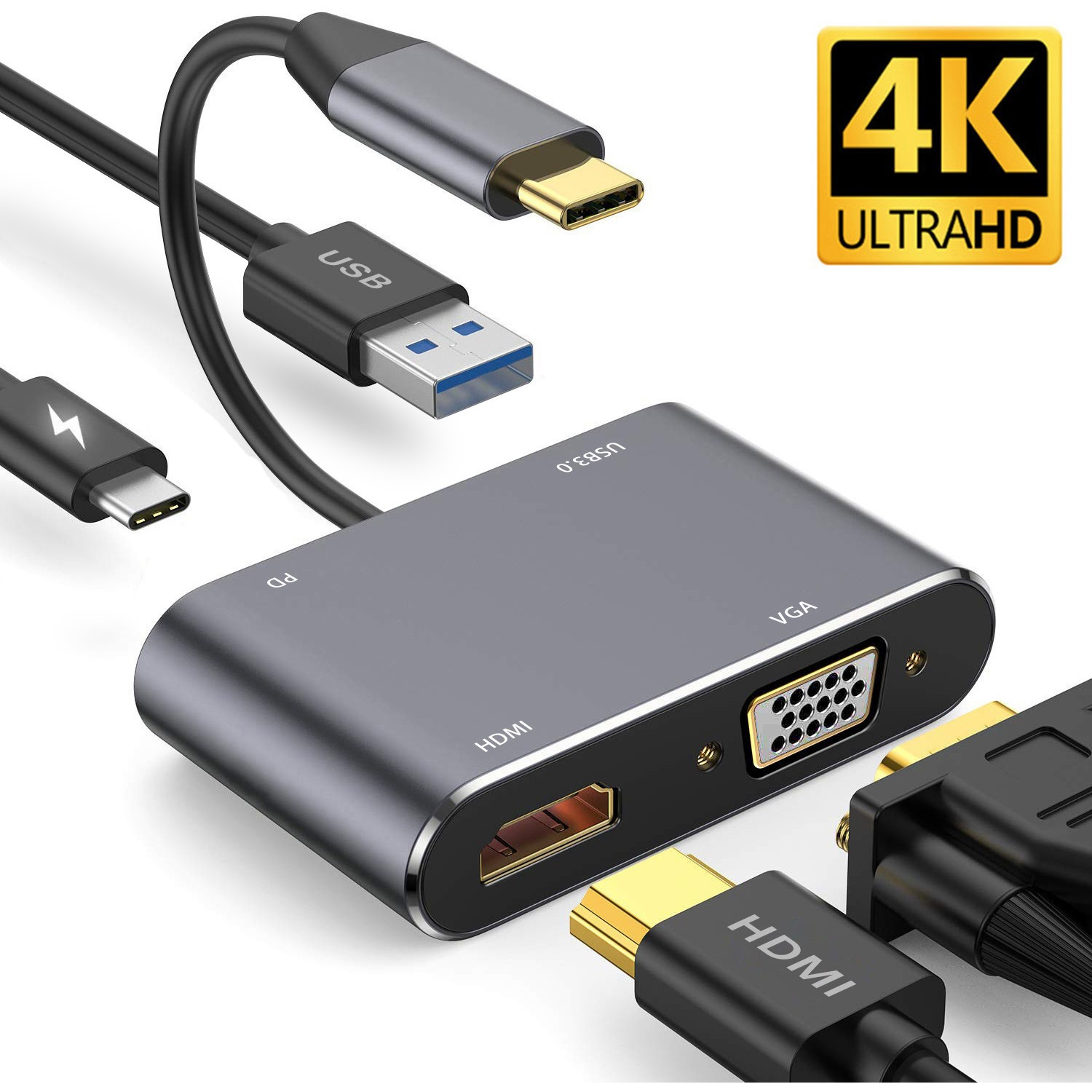 Çoklu bağlantı noktasına ve kablolara sahip gri bir USB-C hub. Köşede 4K Ultra HD sembolü.