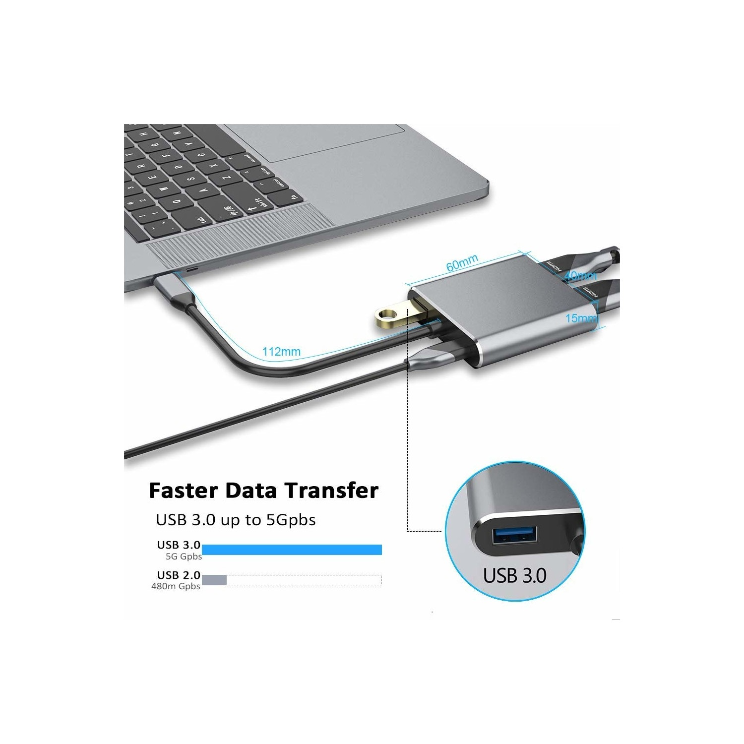 Gümüş renkli USB hub'ı bir dizüstü bilgisayara bağlı. USB 3.0 portunu ve veri aktarım bilgilerini gösterir.