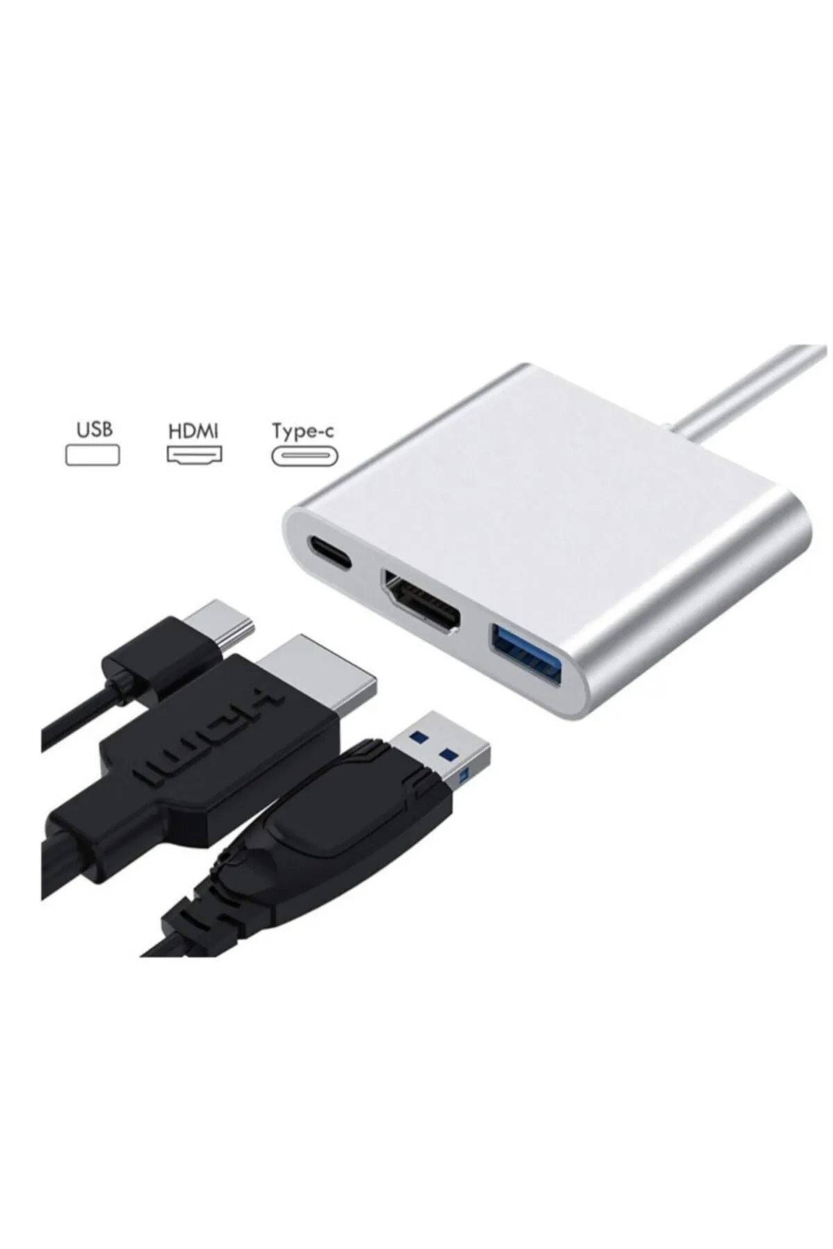 USB, HDMI ve Type-C bağlantı noktalarına sahip gümüş bir USB hub, bağlantı kablolarıyla.