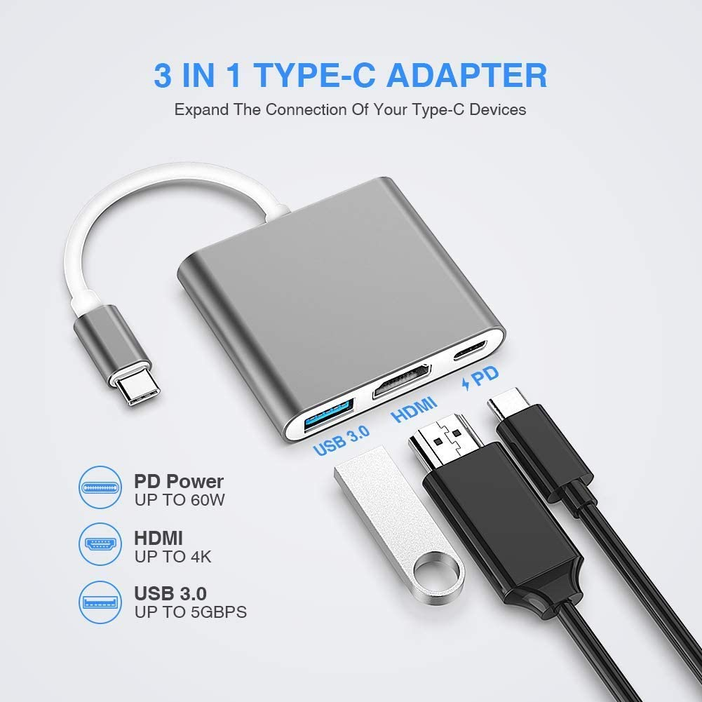 USB, HDMI ve PD bağlantı noktalarına sahip 3'ü 1 arada Tip-C adaptör, bağlı cihazlarla.