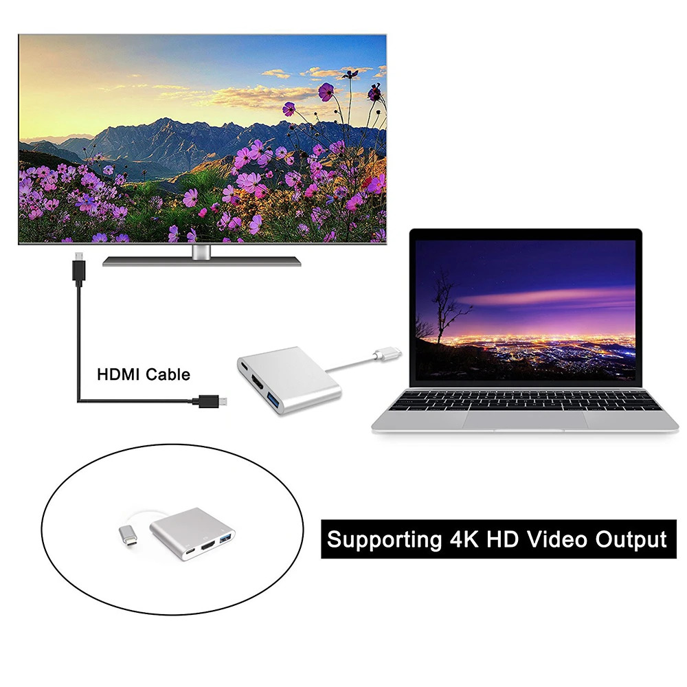 HDMI kablosu ve bir hub ile bir TV'ye bağlı dizüstü bilgisayar.