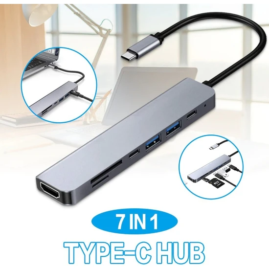HDMI ve USB dahil olmak üzere çoklu bağlantı noktalarına sahip 7'si 1 arada Tip-C hub. Ekler, bağlı cihazları gösterir.