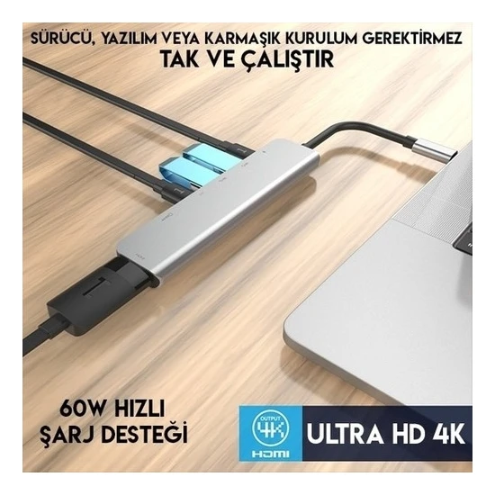 Bir dizüstü bilgisayara bağlı çoklu bağlantı noktasına sahip gümüş bir hub. Metin: 'Tak ve çalıştır'.
