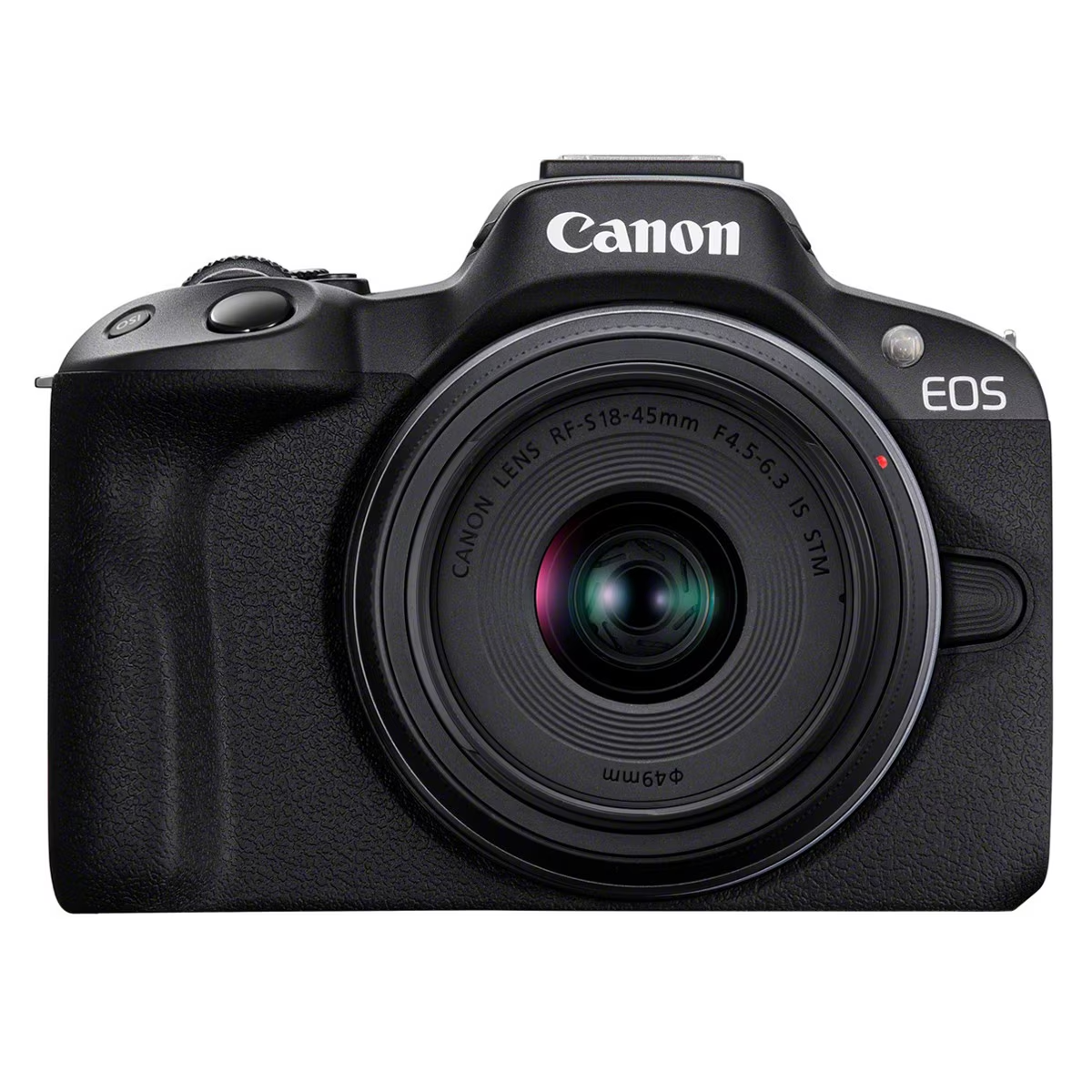 Cámara Canon EOS negra con lente, logo Canon arriba.