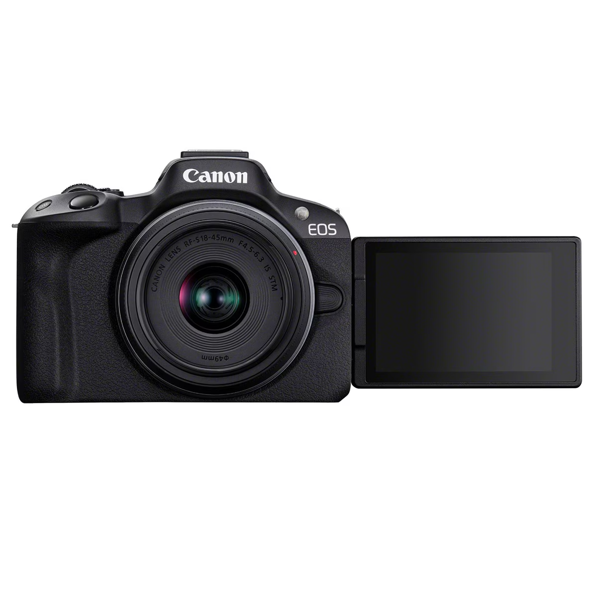 Cámara Canon EOS negra con lente y pantalla abierta, fondo blanco. Cuerpo negro, lente plateada.