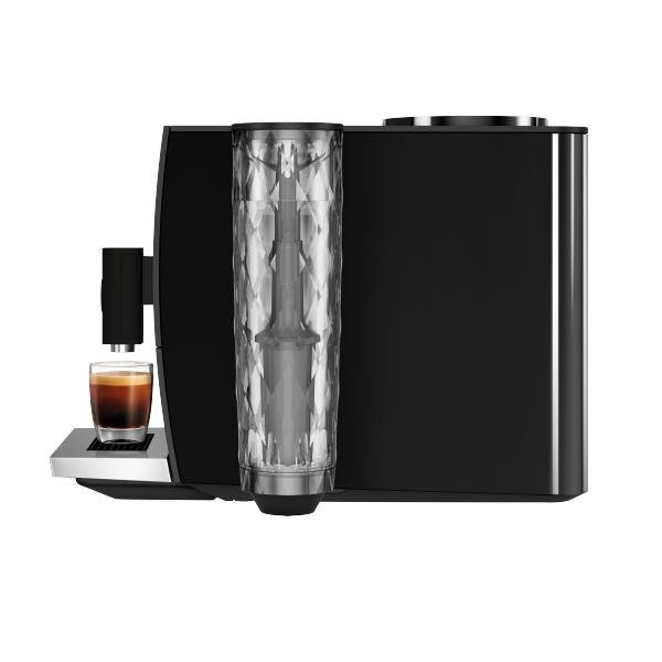 Máquina de espresso negra con depósito de agua y café en vaso.