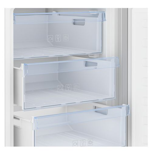 Interior de nevera con tres cajones transparentes; iconos de helado y comida son visibles.