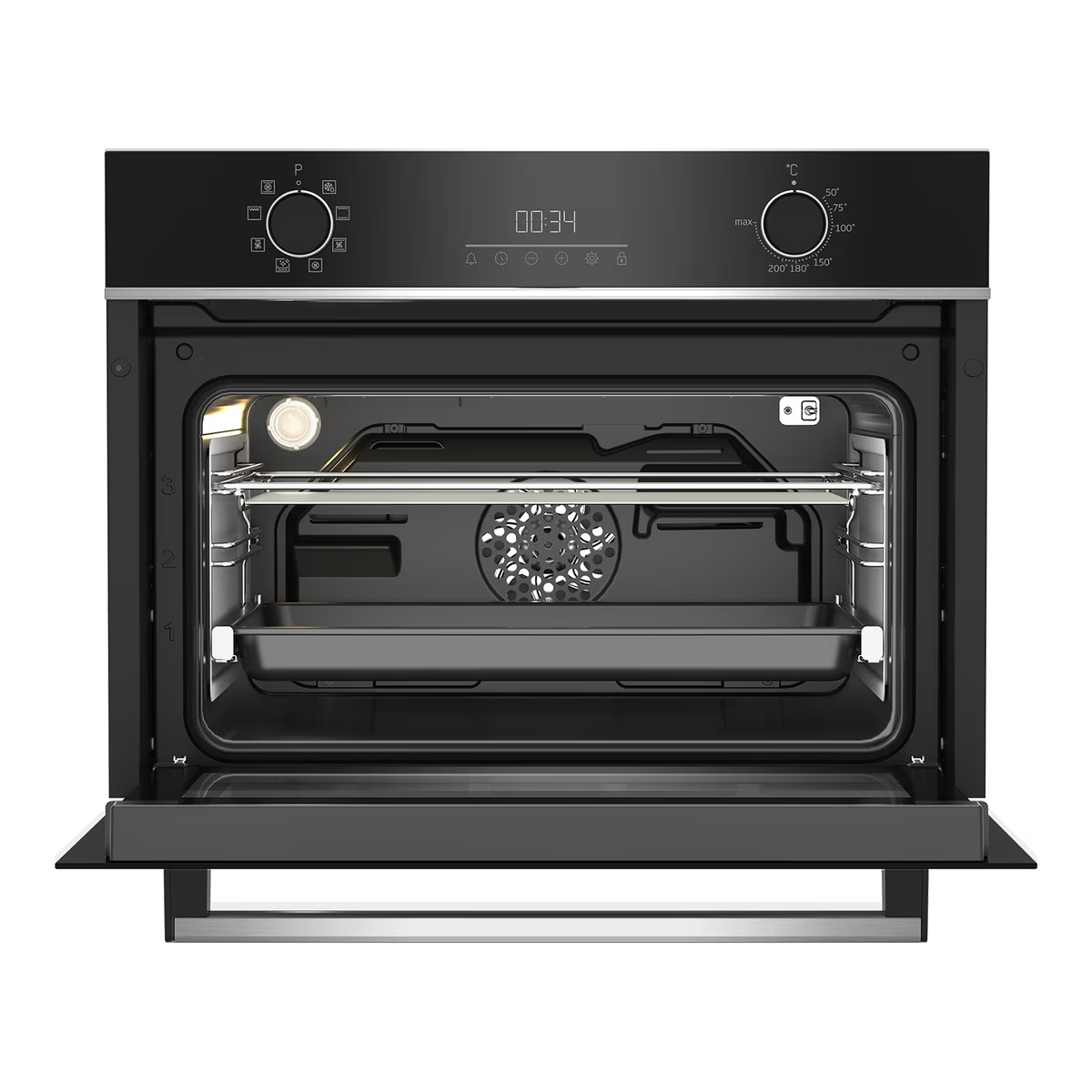 Un horno negro abierto con rejillas interiores y una pantalla que muestra '00:34'.