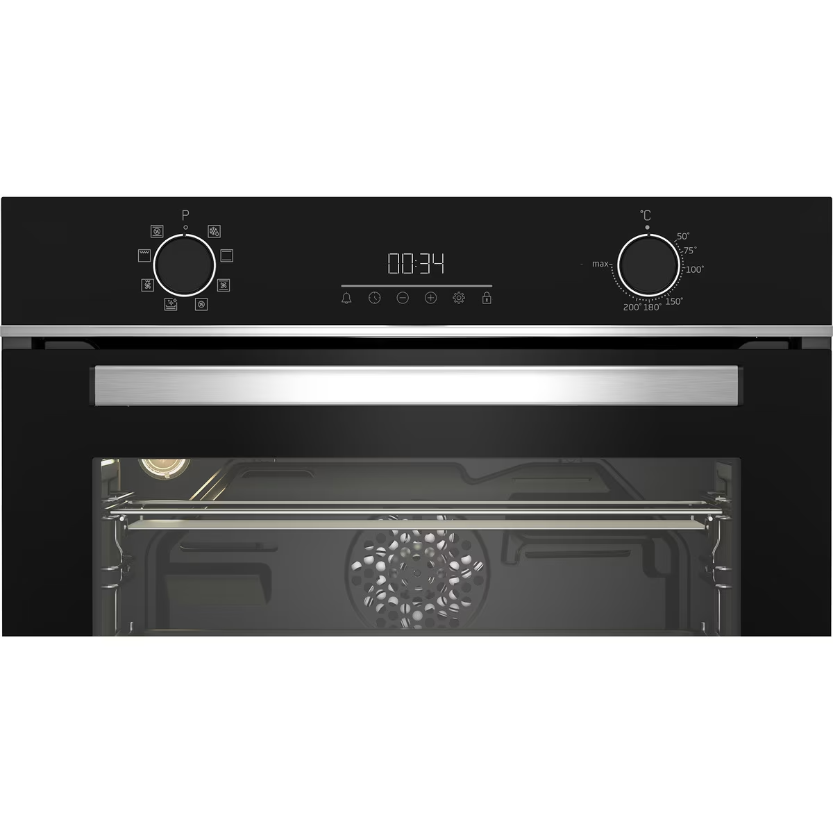 Un horno negro con controles, pantalla digital y puerta de vidrio abierta.