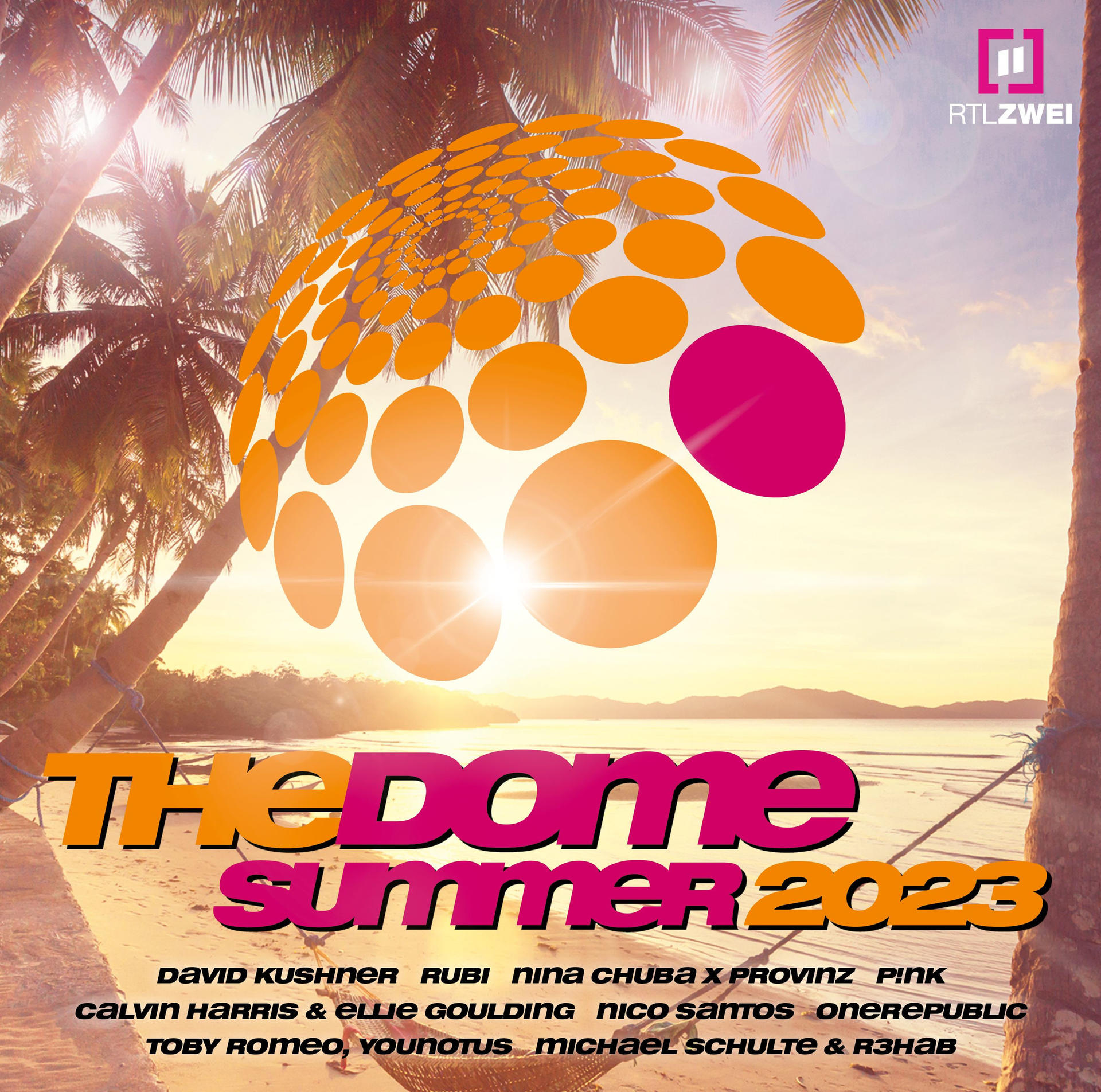 Das Dome Summer 2023 Poster. Zeigt eine Strandszene mit Palmen und einem orange-pinken Logo oben.
