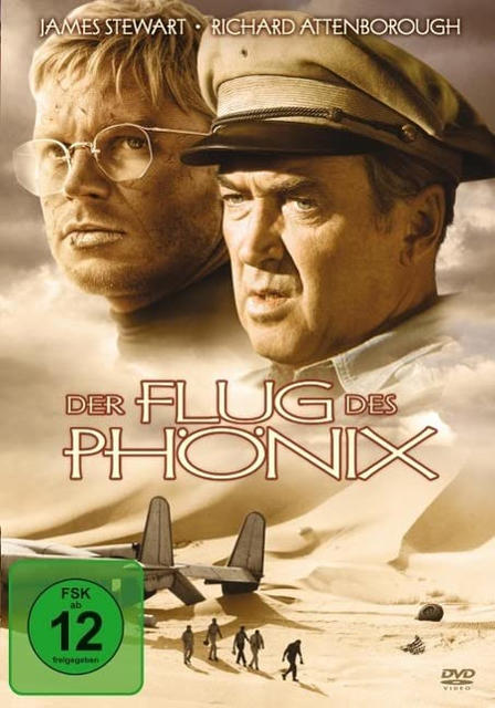 DVD-Cover mit James Stewart und Richard Attenborough, Titel 'Der Flug des Phönix'.