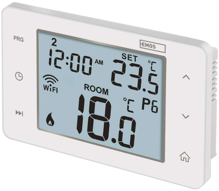 Fehér digitális termosztát kijelzővel.