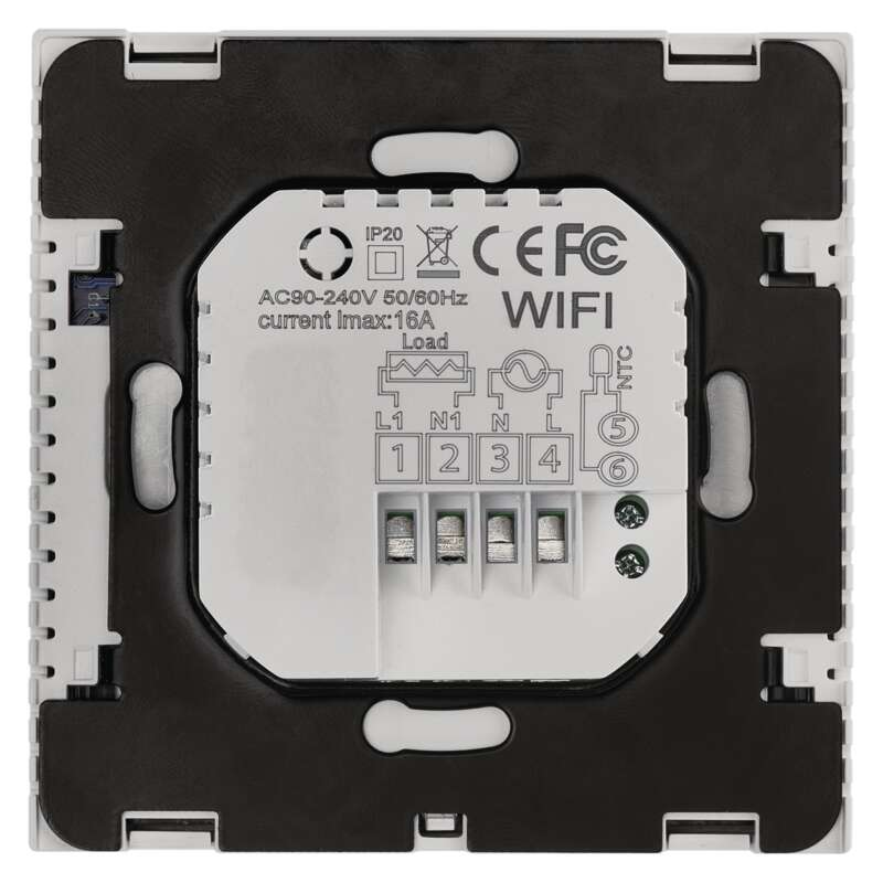 Egy okostermosztát hátulja csatlakozókkal és WiFi címkével.