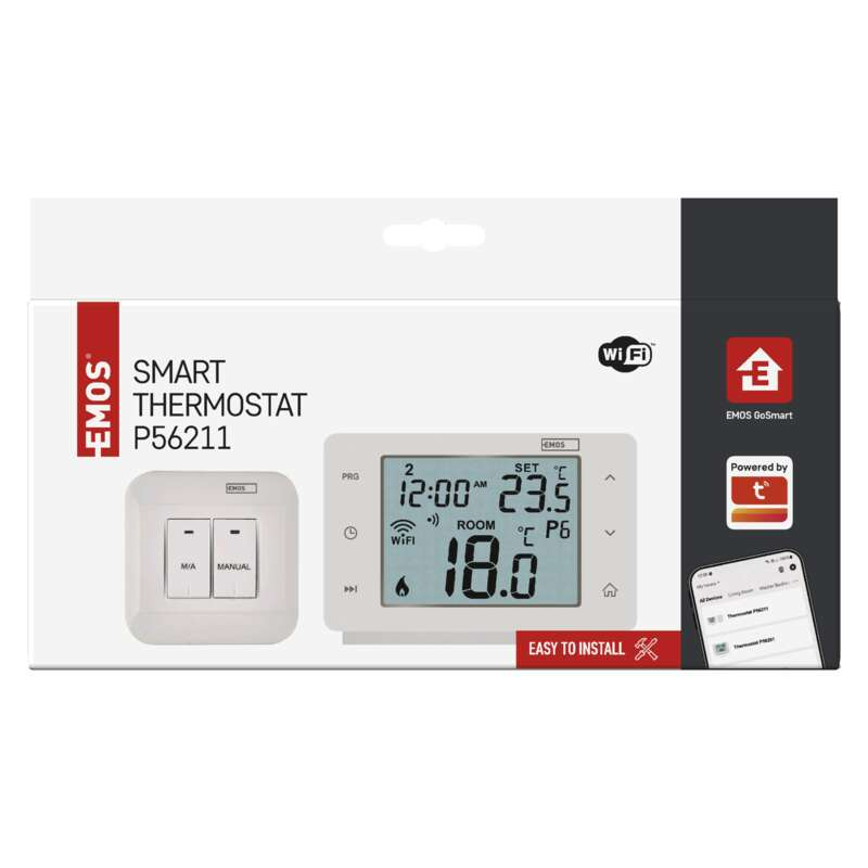 Fehér okos termosztát doboz termosztáttal és kapcsolóval. Szöveg a dobozon.