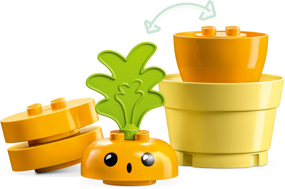 Części zabawki Lego marchewki: marchewka, liście, doniczki.