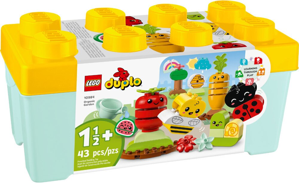Zestaw LEGO Duplo Organic Garden w niebieskim pojemniku. Zawiera różne klocki i figurki.