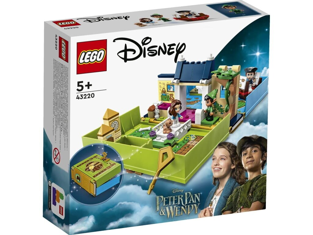 Zestaw LEGO Disney Piotruś Pan i Wendy, pudełko przedstawia postacie i model zielono-białej sceny.