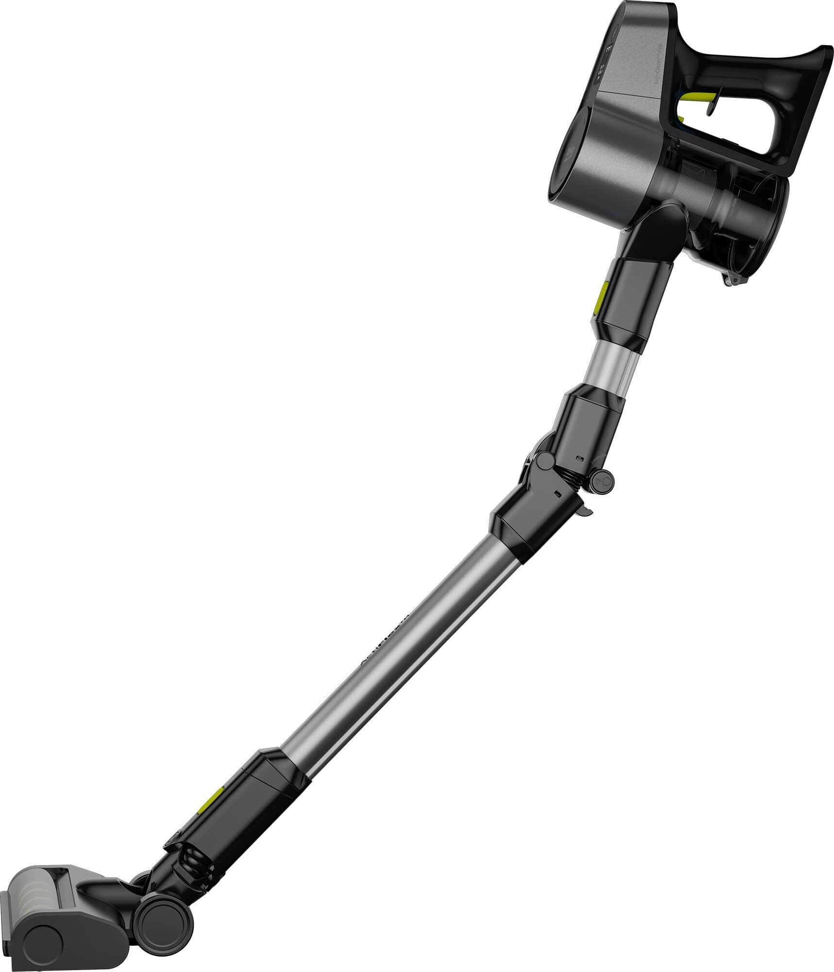 Czarny i szary odkurzacz z żółtymi akcentami, białe tło.