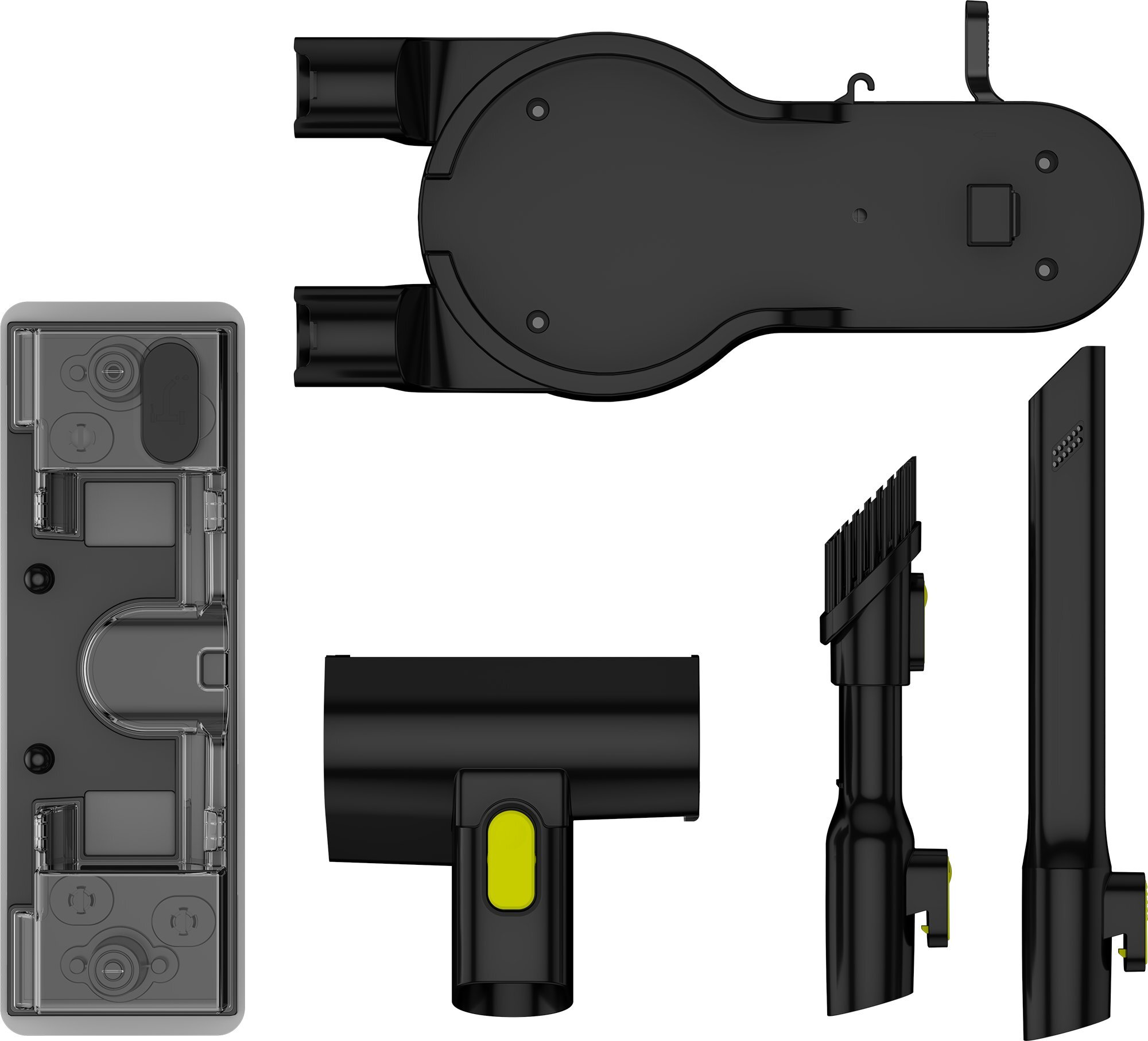 Akcesoria do odkurzacza: czarne plastikowe elementy z żółtym akcentem.