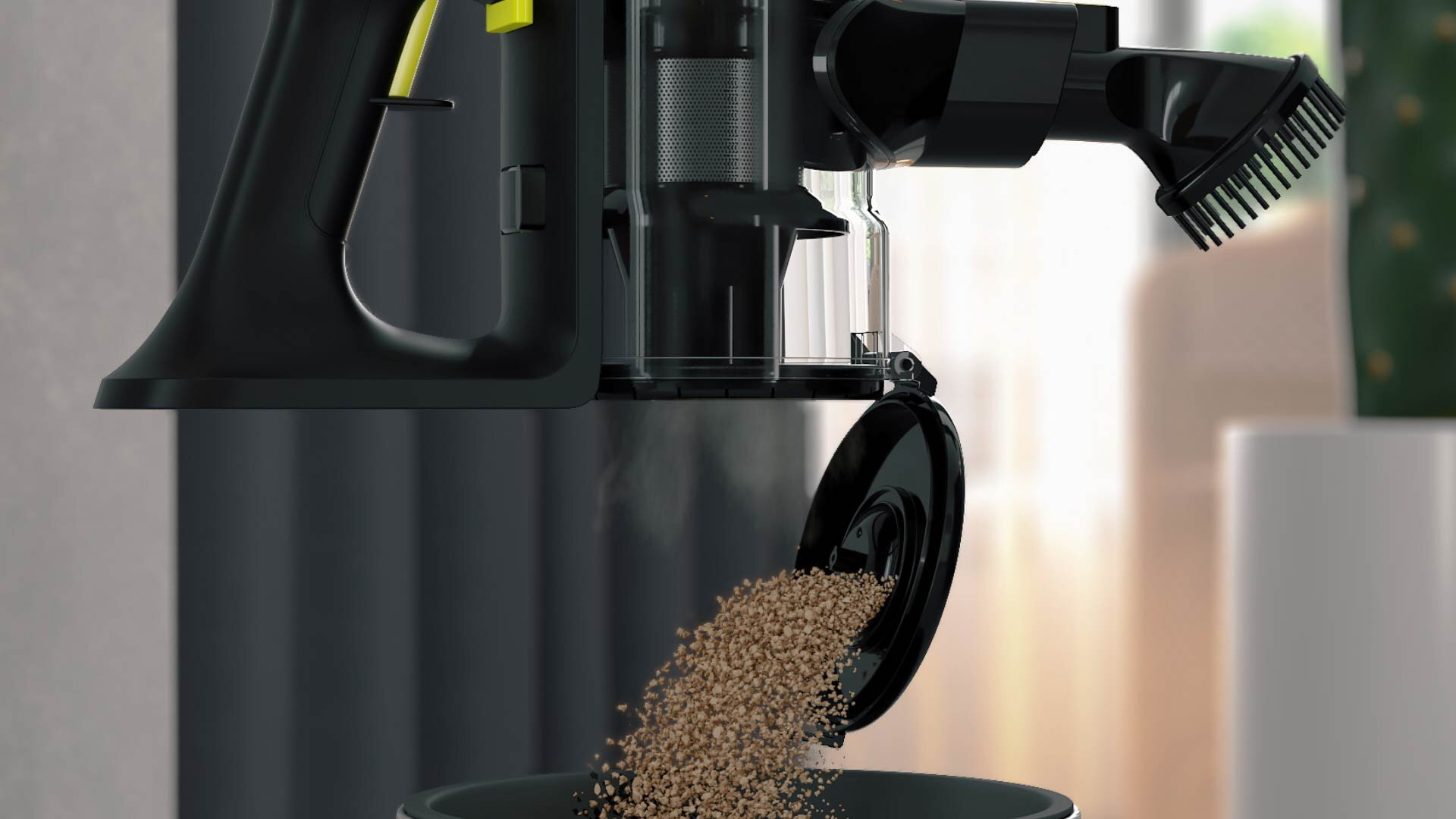 Odkurzacz bezprzewodowy z otwartym pojemnikiem na kurz i wysypującymi się zanieczyszczeniami.