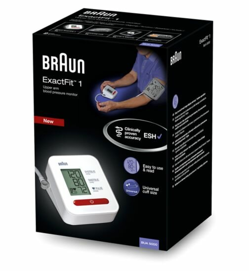 Czarne pudełko ciśnieniomierza Braun ze zdjęciem produktu.